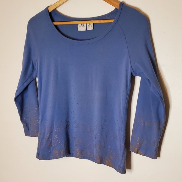 Gold Splash Periwinkle Blue 3/4 Sleeve Armani Exchange Shirt with Paint Accents - Picture 2 of 13